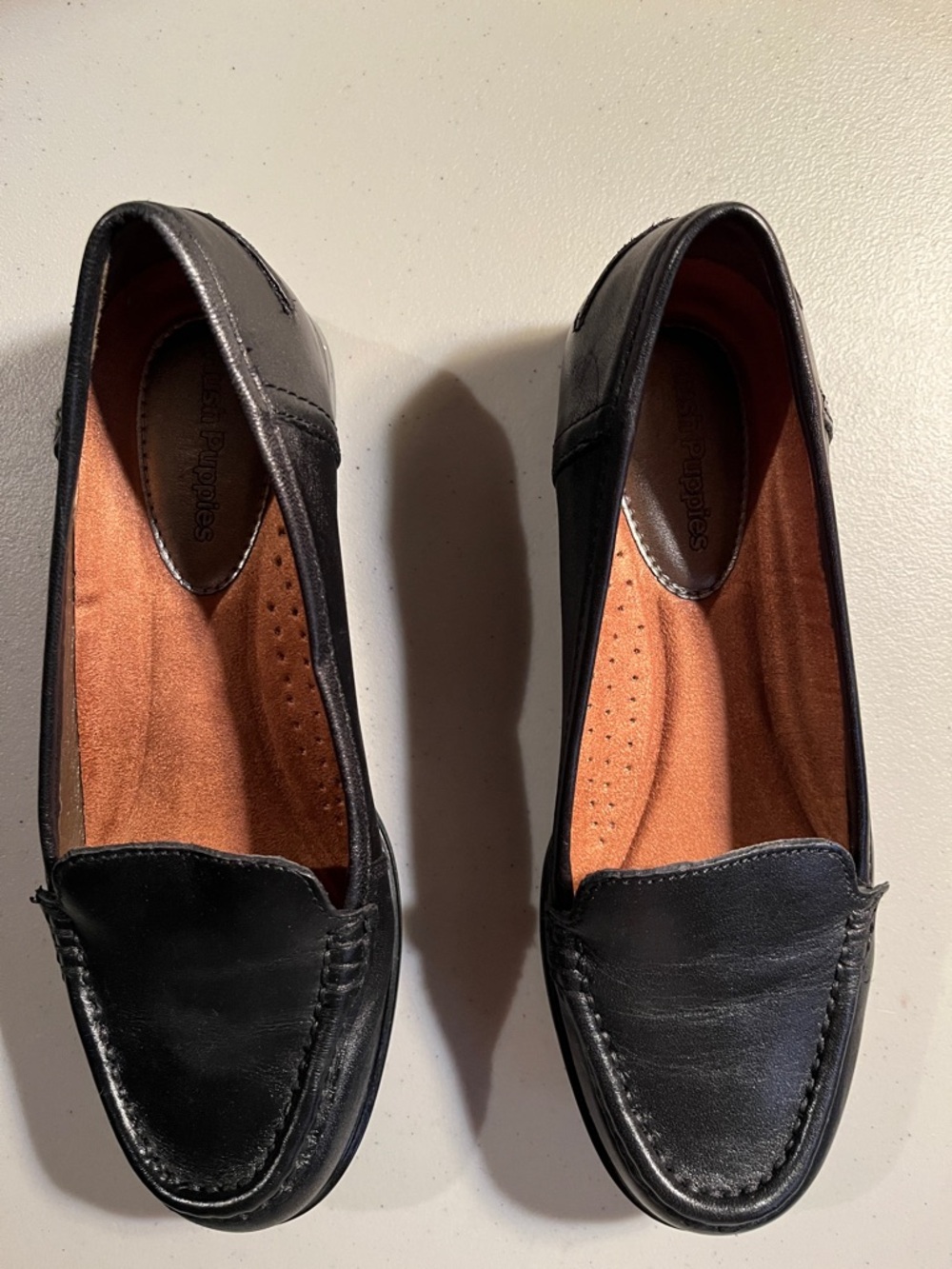Hush Puppies Black Leather Women's Slip-On Loafer with Tan Insole